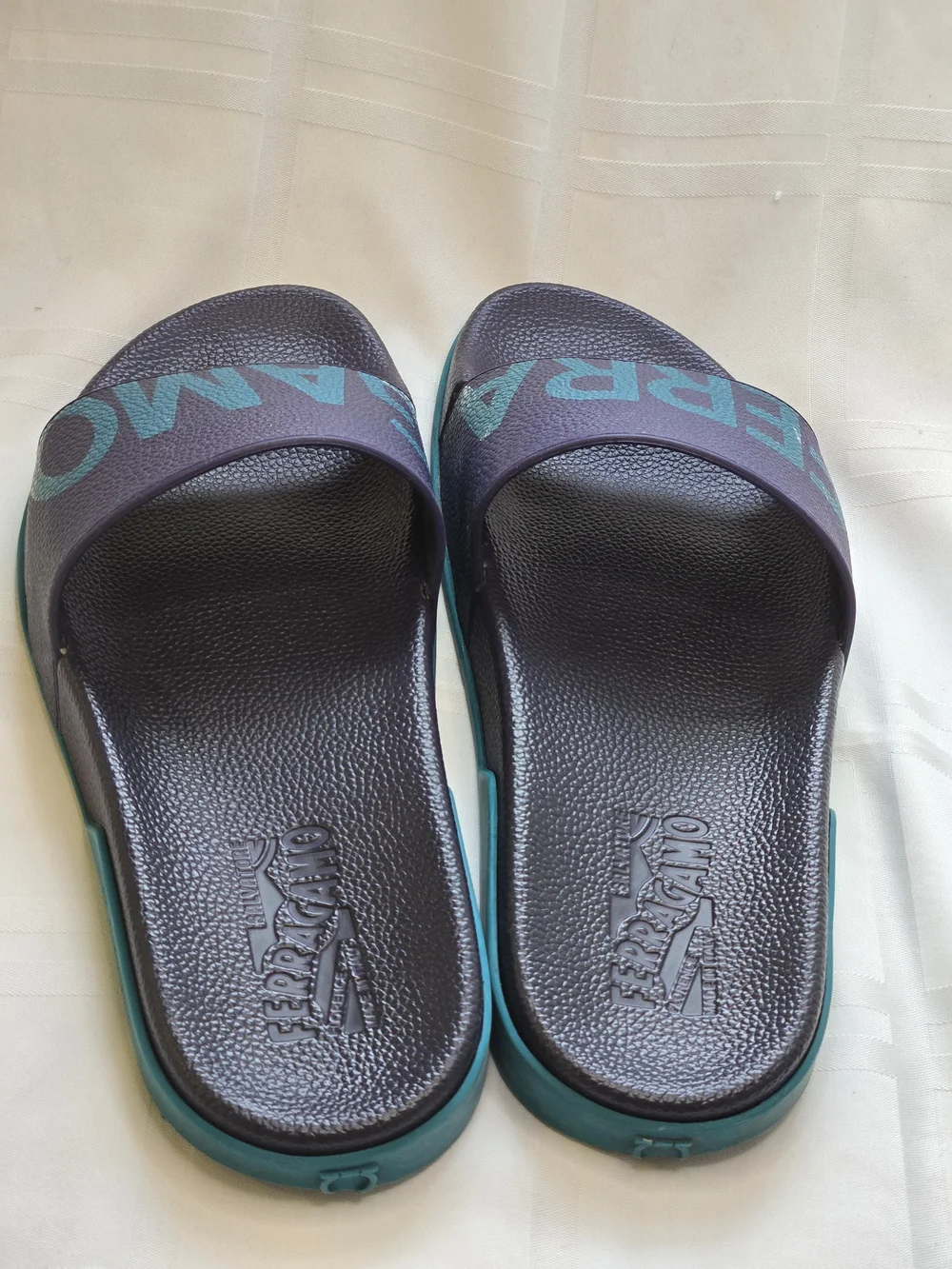 Salvatore Ferragamo Amos Logo Rubber Slide Sandals Purple Teal Men's Size 12